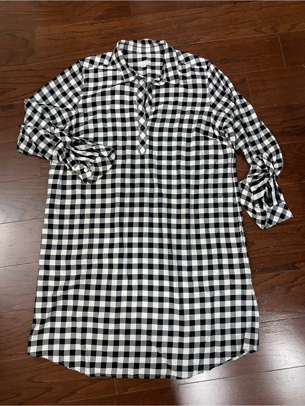 J. JILL Gingham Tunic Shirt Dress Roll Tab Sleeves Black/White Size Large - Picture 3 of 8